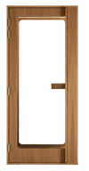 Haven One privacy phone booth featuring a sleek wooden frame with natural oak finish, minimalist door design with white frosted panel, and modern handle for soundproof workspace solutions