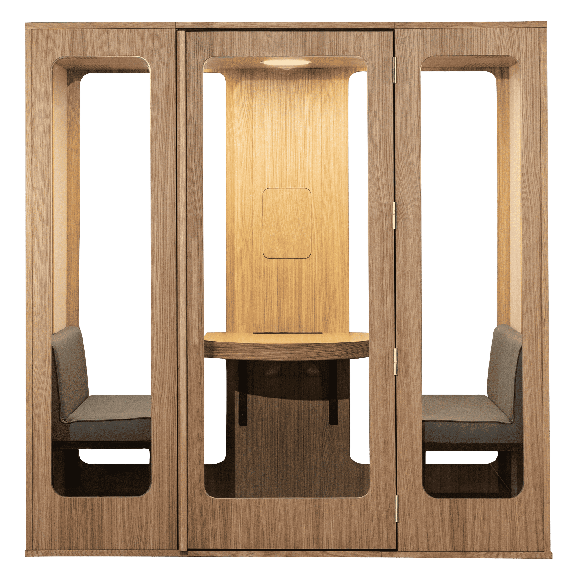 Haven Four meeting pod featuring a modern wooden enclosure with two built-in seats and a central table, showcasing natural oak finish and minimalist design with soundproof walls for intimate workplace conversations and collaborative sessions.